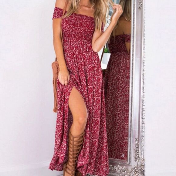 Bohemia Red Maxi Dresses Chiffon Cotton Casual Printing Women's Sz M - Picture 1 of 14